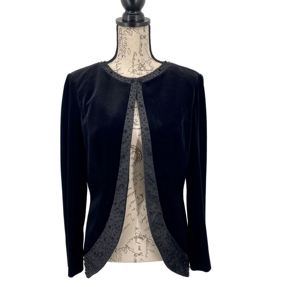 Adrianna Papell VTG Gorgeous Black Beaded Velvet Jacket With Satin Trims Size 10